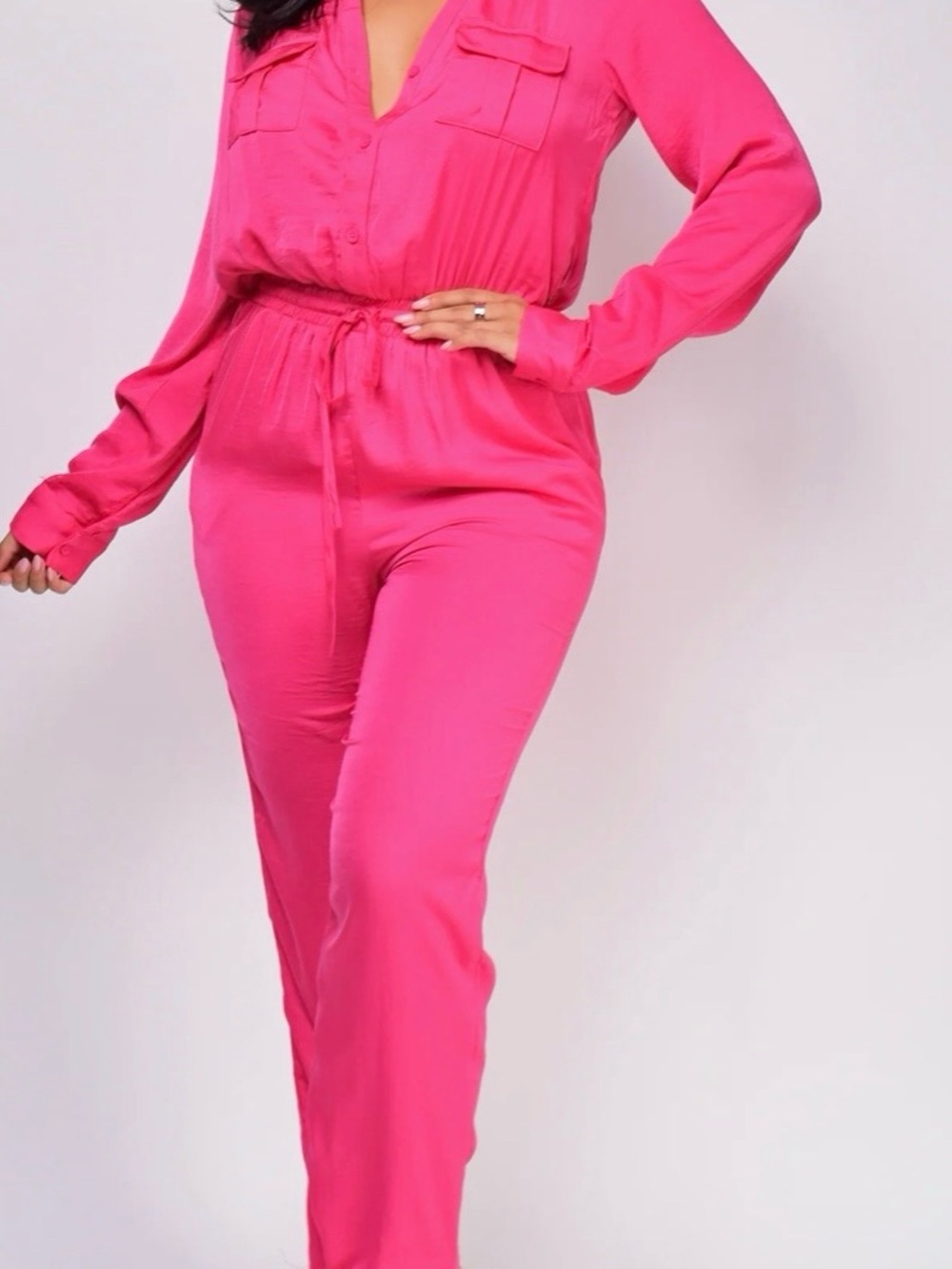 BiBi Hot Pink Long-Sleeve Drawstring Jumpsuit